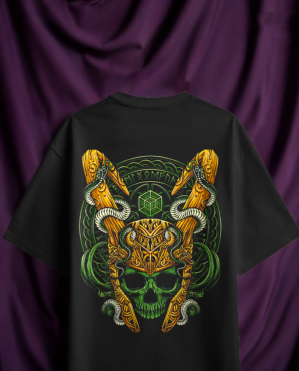 "Mythic Skull Warrior Graphic - Viking Green Edition"Oversized Classic T-Shirt