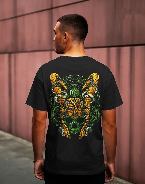 "Mythic Skull Warrior Graphic - Viking Green Edition"Oversized Classic T-Shirt