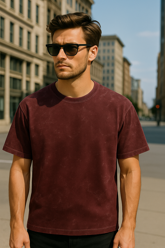 Plain Maroon Oversized Acid Washed T-Shirt